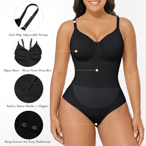 YIANNA Women's Shapewear Bodysuit Double Tummy Control Seamless Zip-Up - color: Black, size: Small-Medium