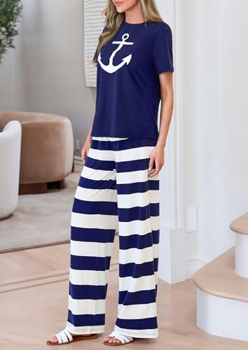PRETTYGARDEN Pajamas for Women 2 Piece Lounge Set - color: Navy Blue, size: Small