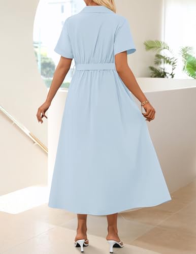 ZESICA Women's Summer Button Down Short Sleeve Midi Dress - color: Lightblue, size: Large