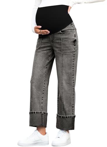 BLENCOT Maternity Jeans Over Belly Straight Leg Denim Pants with Pockets - color: Gray Black, size: XX-Large