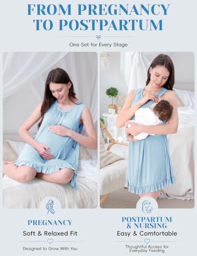 Maternity Nursing Gown & Robe Set, Ruffle Labor Delivery Nightgowns - color: Baby Blue, size: Medium