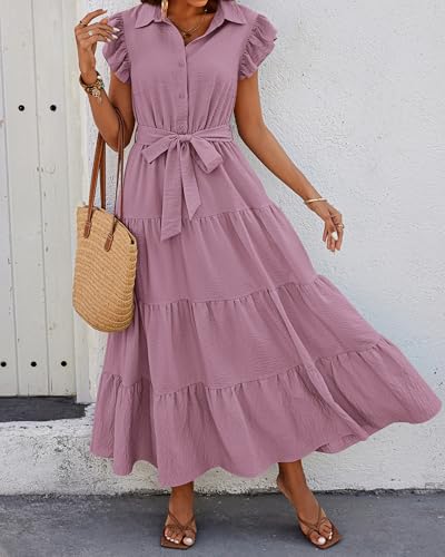 dowerme Women Ruffle Sleeve Button Belted Boho Maxi Dress - color: Light Purple, size: Large