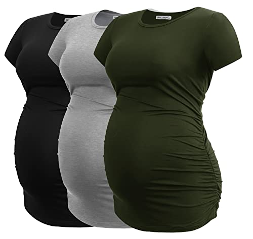 Smallshow Women's Side Ruched Tunic Maternity Shirts 3 Packs - color: Black/Light Grey/Army Green, size: Medium