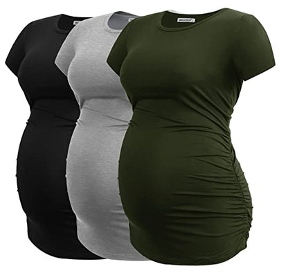 Smallshow Women's Side Ruched Tunic Maternity Shirts 3 Packs - color: Black/Light Grey/Army Green, size: Medium