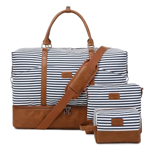Weekender Bags for Women, Large Travel Duffel Bag, Carry on Overnight Bag - color: A-Blue-White