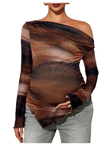 RoseSeek Women's Maternity Off The Shoulder Asymmetrical Tops Mesh Shirts - color: Brown, size: 4X-Large