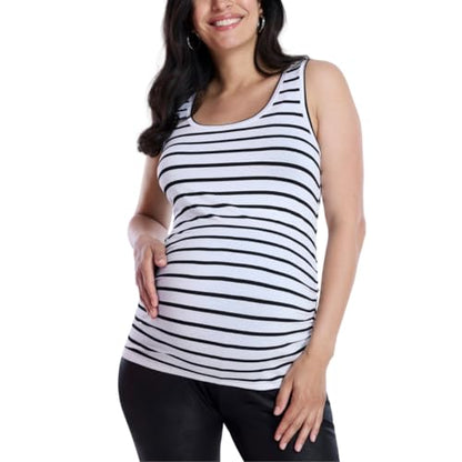 Motherhood Maternity Women's Side Ruched Scoop Neck Pregnancy Tank Top - color: White/Black Stripe, size: Large