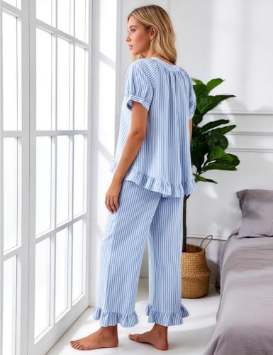 Flygo Womens Striped Pajama Sets Cotton 2 Piece Ruffle Lounge Pjs - color: Blue, size: Large