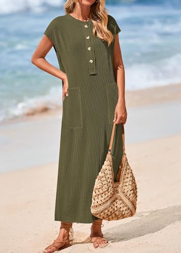 KIRUNDO Womens Summer Ribbed Knit Short Sleeve Maxi Dress - color: Army Green, size: Large