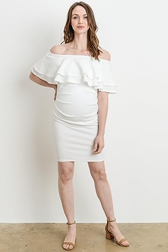 LaClef Women's Off Shoulder Maternity Dress with Double Ruffle - color: Off-white, size: Small