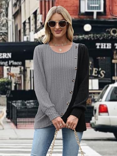 MixShe Womens Knit Sweaters 2026 Fall Winter Casual Long Sleeve Ribbed Colorblock Button Pullover Tops - color: Light Grey, size: Medium