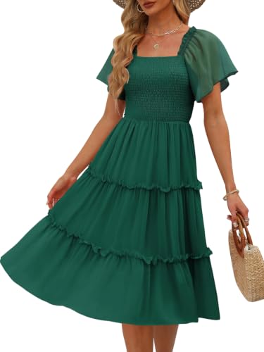 LILLUSORY Women Tiered Flutter Sleeve Square Neck Smocked Midi Dress - color: Emerald Green, size: Medium