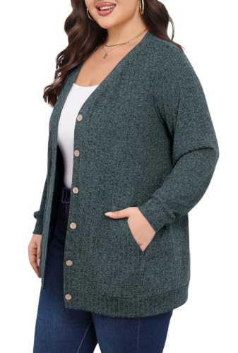 Lastshe Women Plus Size Cardigan Fall Thin Sweaters with Pockets 1X-5X - color: Dark Green, size: 2X