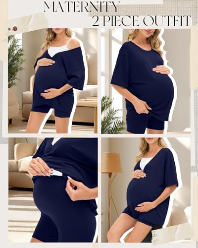 Women's 2 Piece Maternity Oversized Set - color: Navy Blue, size: Small