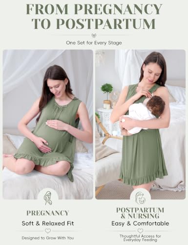 Maternity Nursing Gown & Robe Set, Ruffle Labor Delivery Nightgowns - color: Sage Green, size: X-Large
