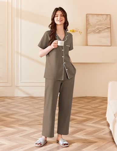 Ekouaer Women's Cotton Pajamas Set Short Sleeve Button Down Pjs with Pants - color: Brown, size: X-Large