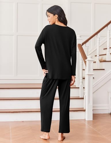 Ekouaer Lounge Sets for Women Long Sleeve Pajamas Fall Loungewear - color: Black, size: X-Large