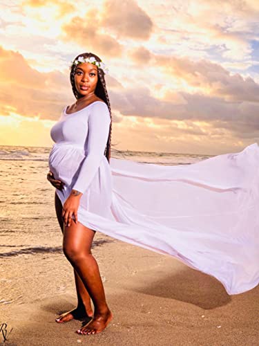 YnimioAOX Maternity Photoshoot Dress Off Shoulder Long Sleeve - color: White