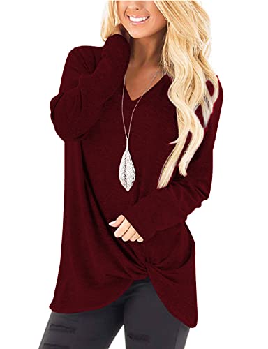 SimpleFun Womens Tops Long Sleeve Shirts V Neck Loose Twist Knot Fall Tunic - color: 02-wine Red, size: Medium