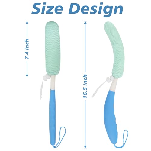 Back Scrubber for Shower,15.35"Curved Body Brush with Anti Slip Long Handle - size: Black+Blue Handle (Medium)