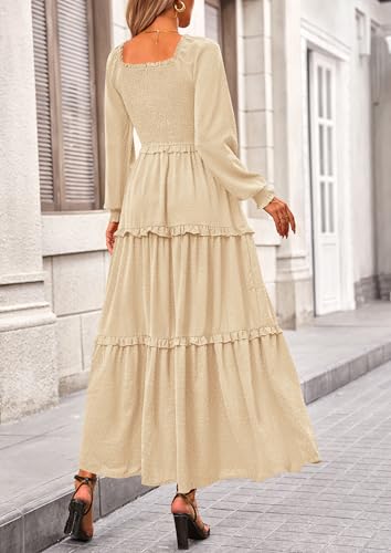 PRETTYGARDEN Women's Smocked Long Sleeve Maxi Dress Wedding Guest Dresses - color: Beige, size: Medium
