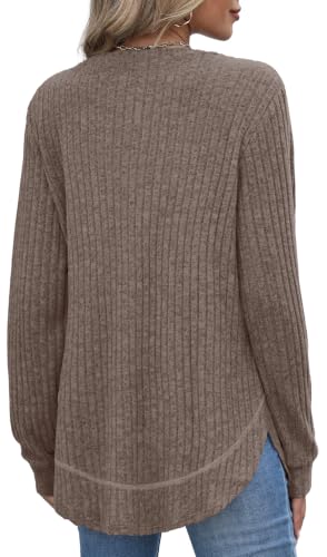 OFEEFAN Womens Sweaters Crew Neck Tunic Tops Long Sleeve Shirts Curved Hem - color: B-coffee, size: Large