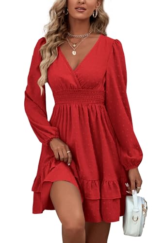 Rooscier Women's Wrap V Neck Swing Ruffle Swiss Dots Long Sleeve Mini Dress - color: Solid Red, size: X-Small