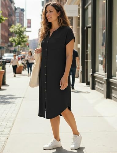 PATPAT Maternity Nursing Dress, Womens Button-Down Midi Dress with Pockets - color: Black, size: Medium