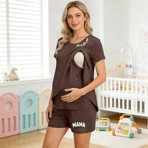 Maternity Nursing 2 Piece Pajama Set Double Layer Breastfeeding Sleepwear - color: A-brown, size: XX-Large