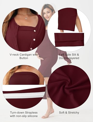 2 Piece Strapless Maternity Dress & Cardigan Set for Baby Shower - color: Burgundy, size: Medium