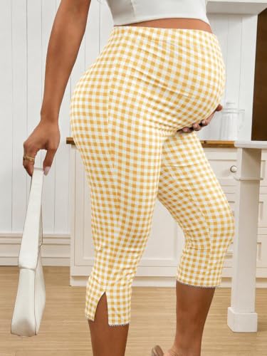 MakeMeChic Women's Maternity Plaid Capri Leggings Split Hem Capris Pants - color: Yellow and White, size: X-Large