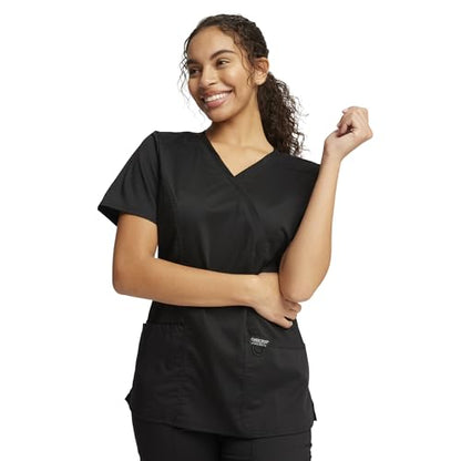 Cherokee Scrubs Top for Women Mock Wrap with 3 Pockets, Soft, 2-Way Stretch & Durable Fabric - WW610 - color: Black, size: 5X-Large Plus