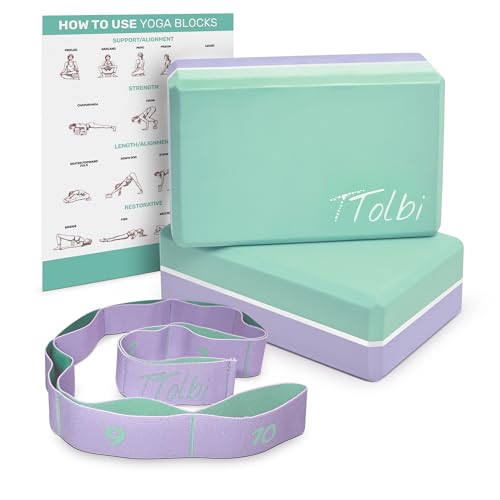 Yoga Blocks 2 Pack with Strap and Guide – Soft Non-Slip EVA Foam Blocks - color: Mint/Purple & Stretch Band Purple
