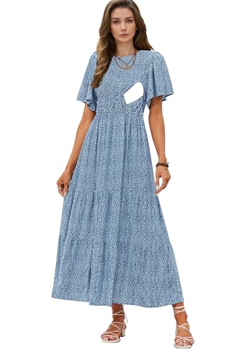 CzzzyL Womens Nursing Dress Summer Floral Print Smocked Maxi with Pockets - color: Leopardblue, size: Medium