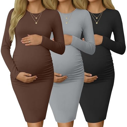 Riyiper 3 Pack Women's Long Sleeve Maternity Dresse - color: Black, Light Gray, Coffee, size: Small