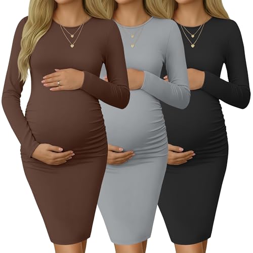 Riyiper 3 Pack Women's Long Sleeve Maternity Dresse - color: Black, Light Gray, Coffee, size: Large