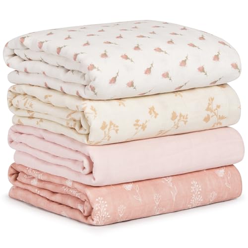 Muslin Swaddle Blankets for Newborn, Cotton Receiving Blanket - color: Pink Floral