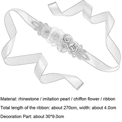 Huralona Wedding Sash Belt Satin Ribbon with Flowers Pearls Rhinestone - color: Ivory