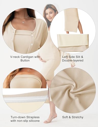 2 Piece Strapless Maternity Dress & Cardigan Set for Baby Shower - color: Champagne, size: Small