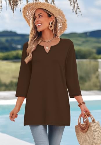 OFEEFAN Summer Boho Tops For Women 3/4 Length Sleeve Womens Tops Vacation Outfits - color: Coffee, size: Small