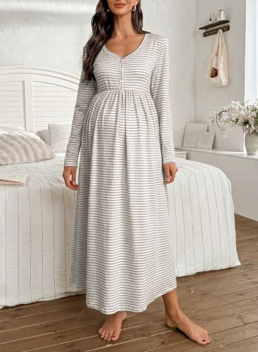 BLENCOT Maternity Dress V Neck Long Sleeve Striped Button Down Maxi Dresses - color: Grey, size: X-Large