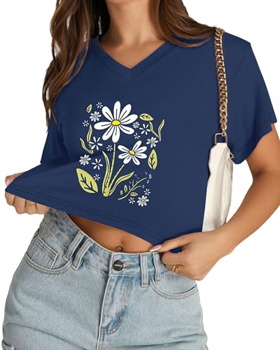 Womens Crop Tops Short Sleeve V Neck Summer Cropped T Shirts Baisc Tees - color: Dark Blue Daisy, size: Small