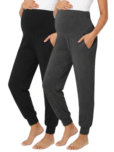 Summer Mae Viscose Maternity Jogger Pants Pregnancy Lounge Pant with Pocket - color: Black/Grey, size: Medium