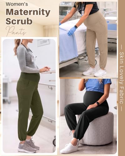 Locoowai 3 Pack Women's Maternity Jogger Scrub Pants with Pocket - color: Black, Army Green, Khaki, size: Small