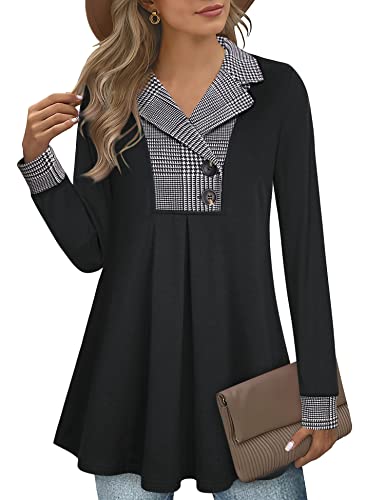 Gaharu Women's Swing Tunic Notch Collar Ladies Button Sweatshirt Long Sleeve Pullover Shirt Tops - color: Black and White, size: Medium