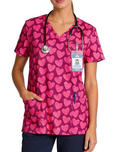 Women's Print Scrub Tops V Neck Short Sleeve Fun Scrubs Shirts - color: Hearts-a, size: Medium