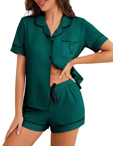 Womens Pajamas Shorts Set 2 Piece Button Down Pj Tops Lounge Sets - color: Dark Green, size: XX-Large