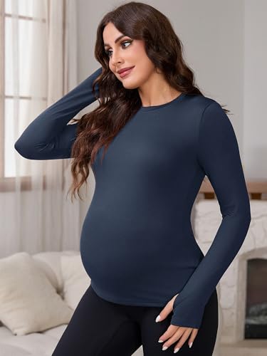 Women Maternity Stretchy Fitted Crew Neck Long Workout Tops - color: Navy Blue, size: Large
