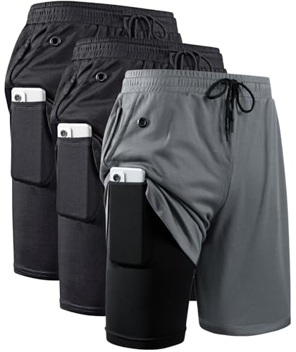 JWJ Men's 2 in 1 Workout Running Shorts 7 Inch Lightweight Athletic Gym Shorts with Compression Liner - color: 3 Pack Black / Black / Dark Grey, size: Medium