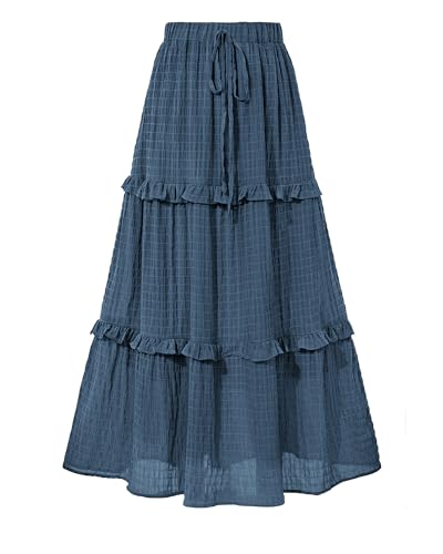 BTFBM Casual Solid Maxi Skirt Fall Clothes Flared A-Line Skirts for Women - color: Grey Blue, size: XX-Large
